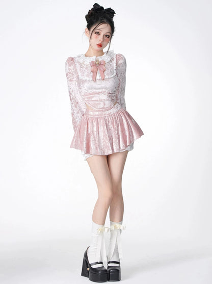 Princess Pink Velvet Lace Slim Top + Skirt + Fur Short Jacket