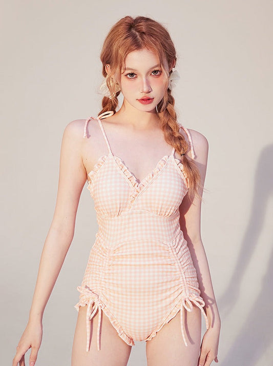 Retro gingham check all -in swimsuit