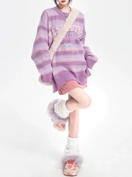 Purple Loose Retro Design Embroidery Stripe Knit Sweater