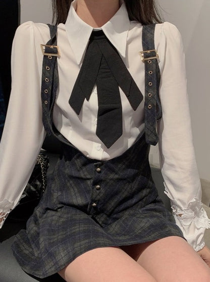 Bow tie shirt + strap check jumper skirt