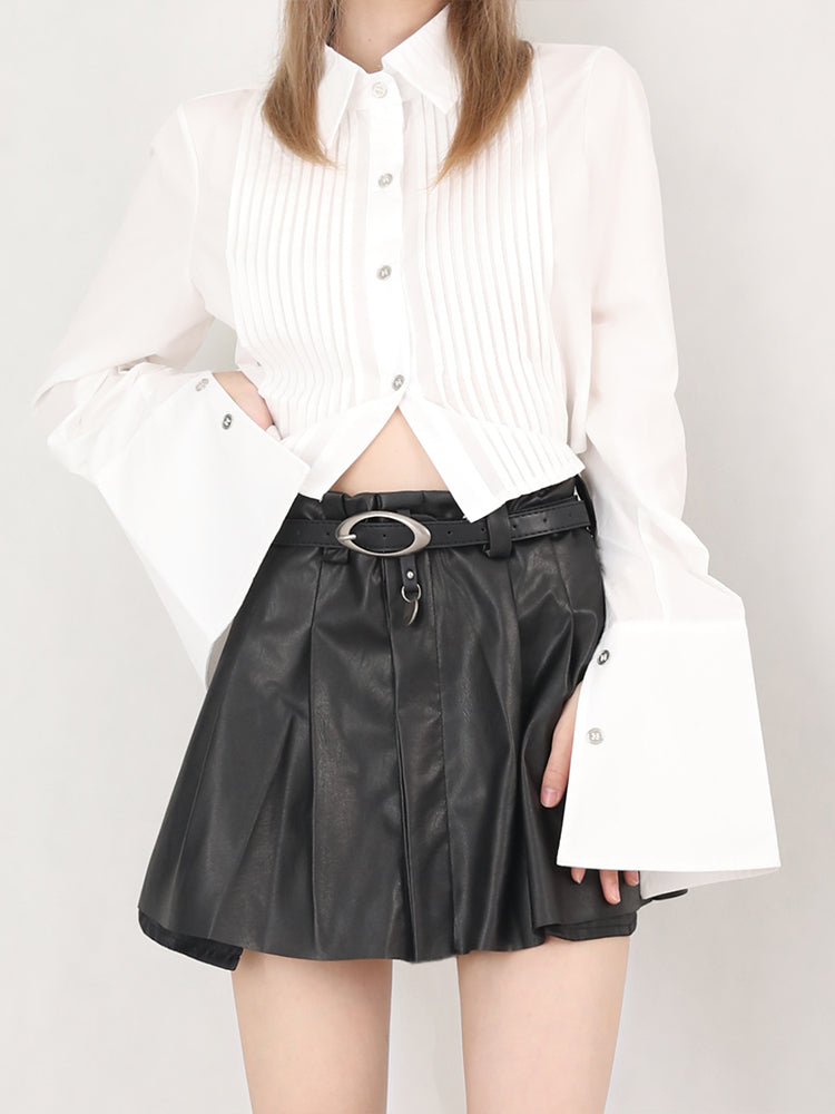 Long sleeve pleated tuck cropped shirt + leather skirt