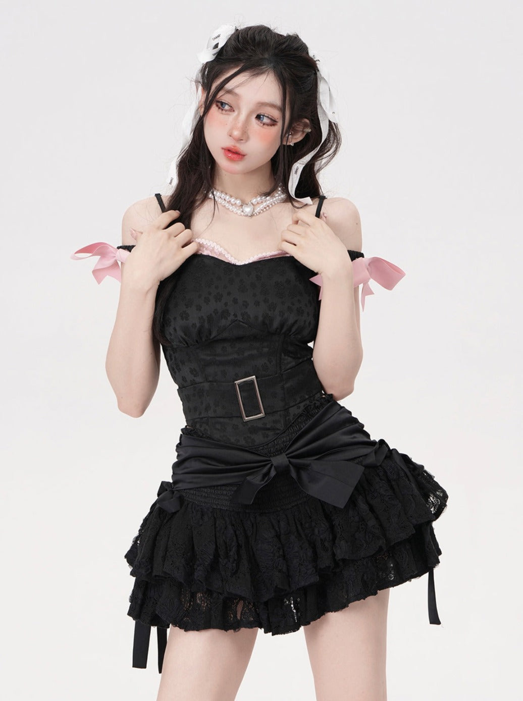 Girly One Shoulder Jaccard Black Suspender Tops