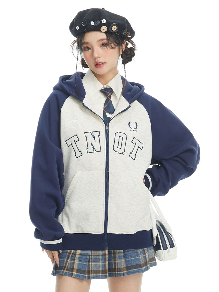 Logo Brief College Style Zip Jacke mit Kapuze Sweatshirt Strickjacke