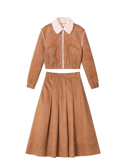 焦糖色珍妮套装羊羔毛短外套+裙子套装