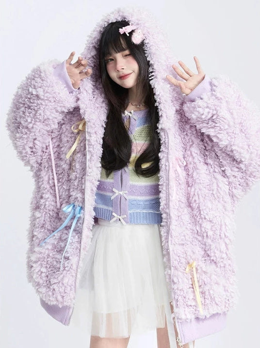 Light purple loose hooded zipped lambswool coat