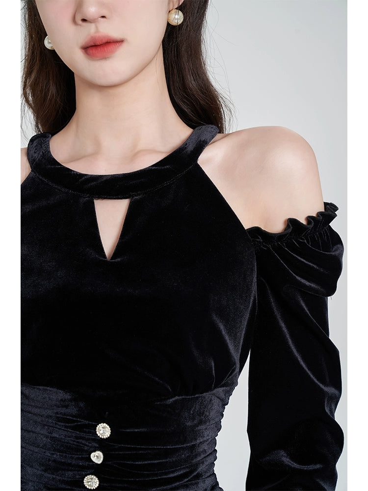 Off-Shoulder Halter Neck Black High End Velvet Dress