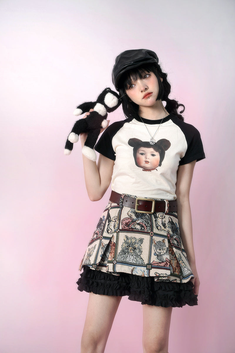 Retro Cat Jacquard frill stitch lace A line skirt