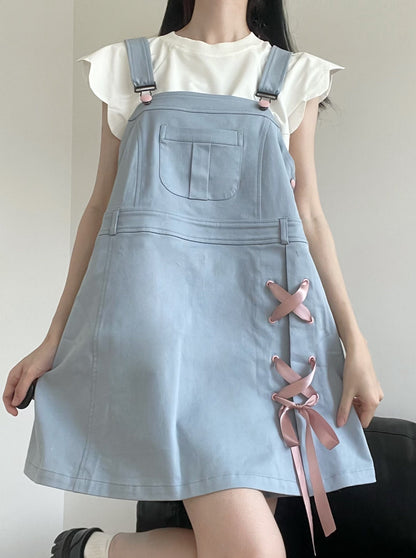 Shell sleeve top + lace-up overalls + ribbon pants