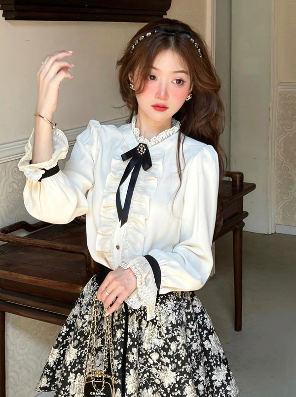 Lace shirt ribbon chic tops