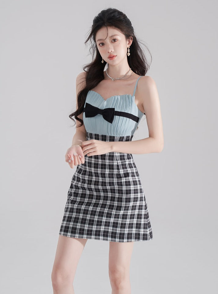 Retro check ribbon dress