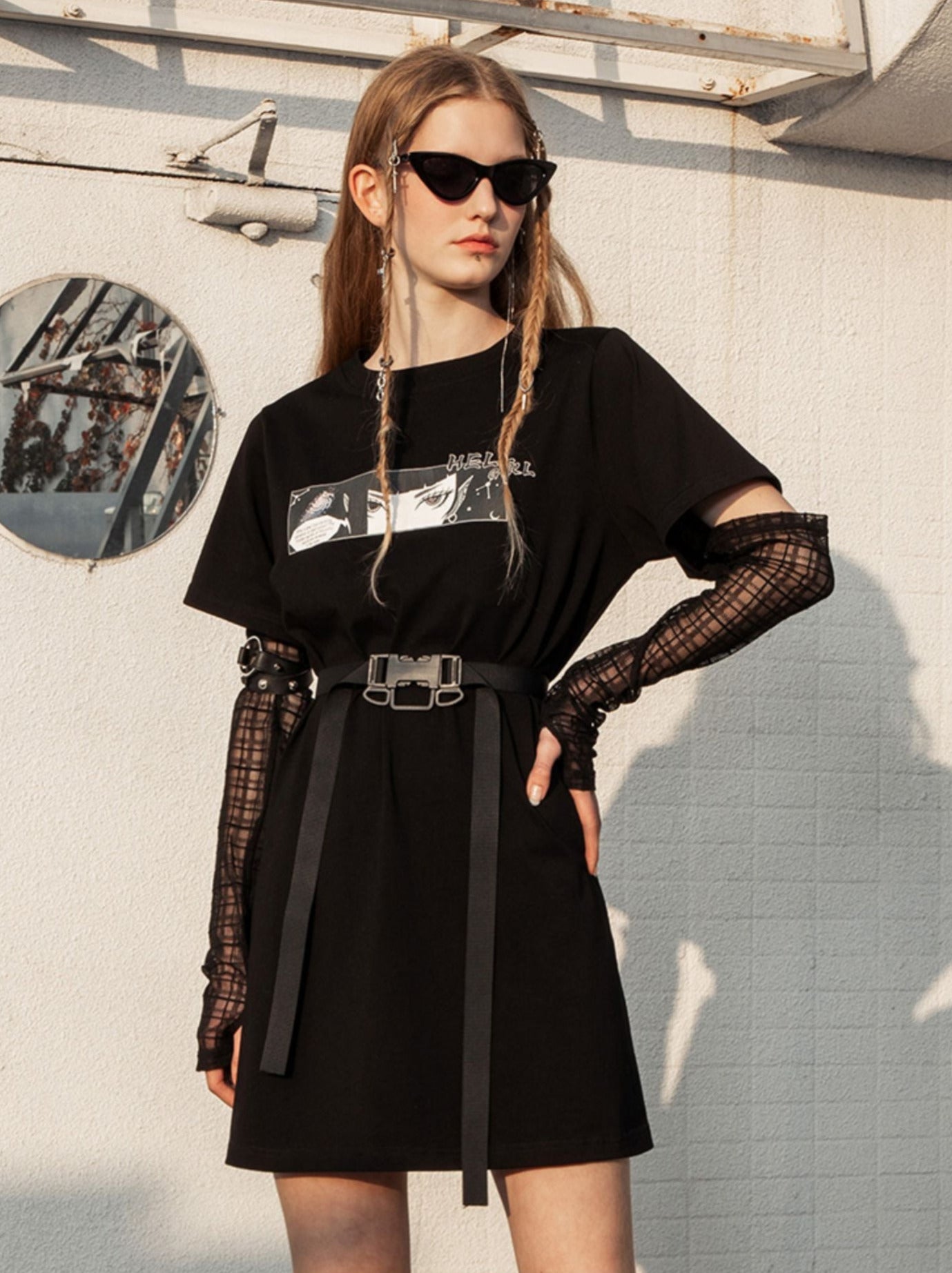 Sheer Long Sleeve Buckle Belt Dress T