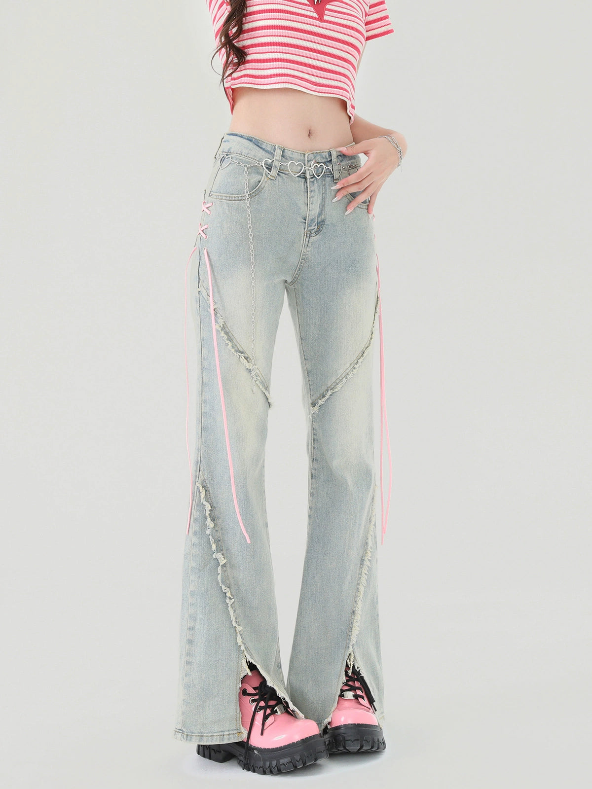 Bootcut High Waist Fringe Slit Flared Denim