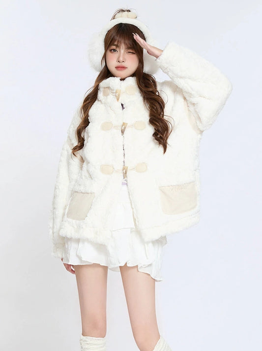 ホーンボタンプラッシュルーズコットンウィンターコート