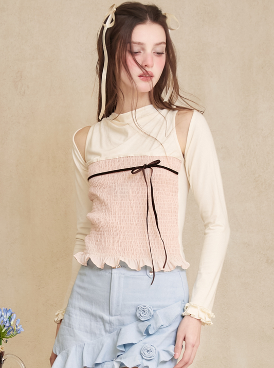 Sweet ribbon tops + frill short cardigan