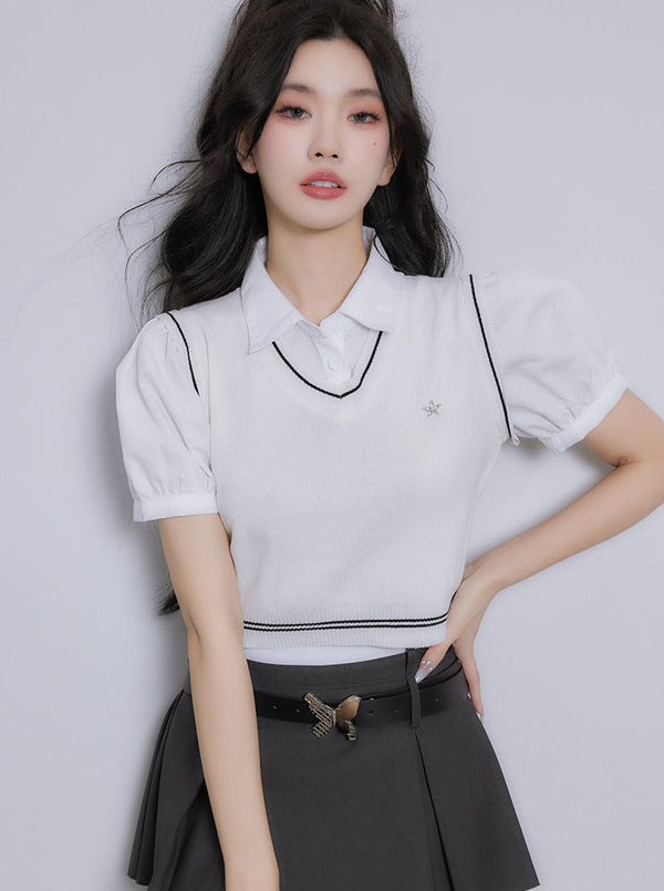 Contrast color short shirt knit