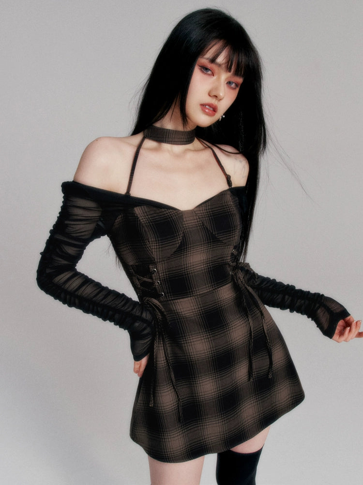 Mokare Retro Dark Check Neck Strap Dress