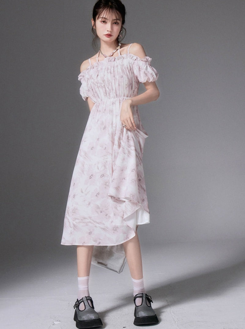 Flower Retro Romantic One -Chord Prince Tsu Print Dress