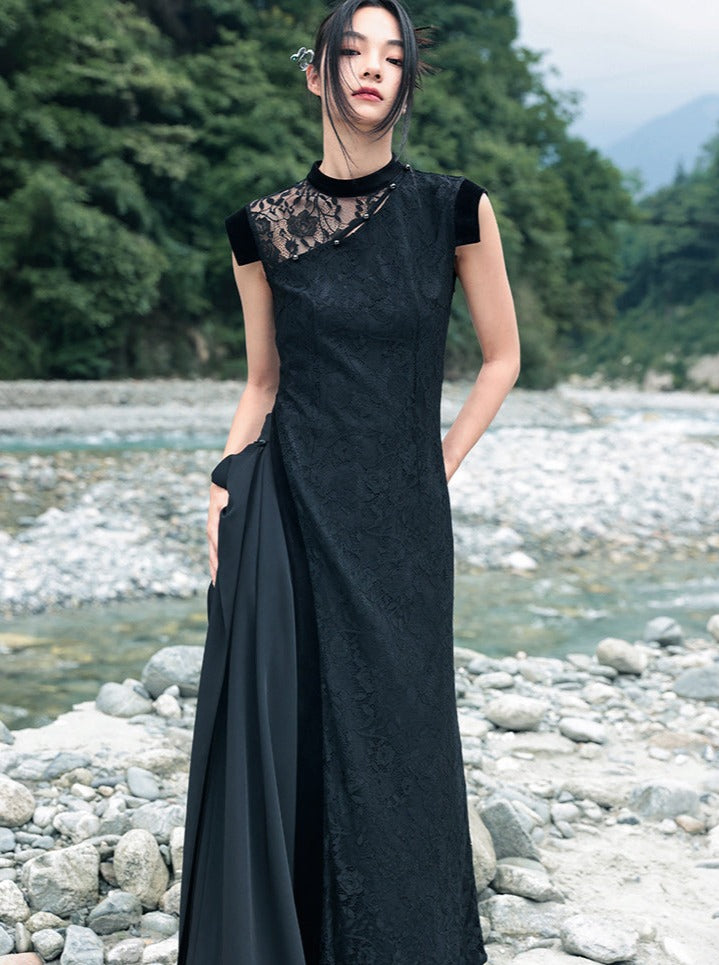 Lace slit long cheongsam