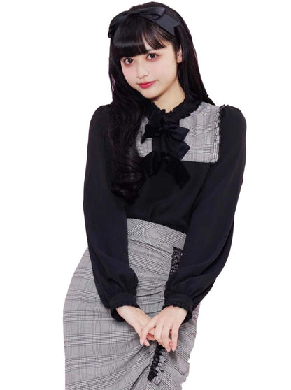 Sailor color check puff sleeve tops