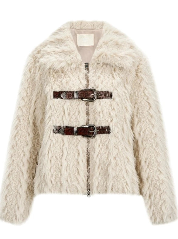 Medium Old Small Lapel Embossed Belt Fur Jacket