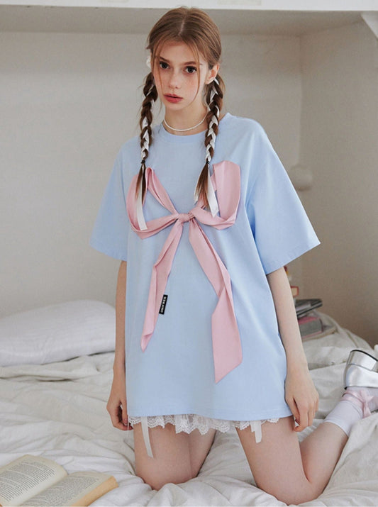 Surprising ribbon oversized Long T -shirt