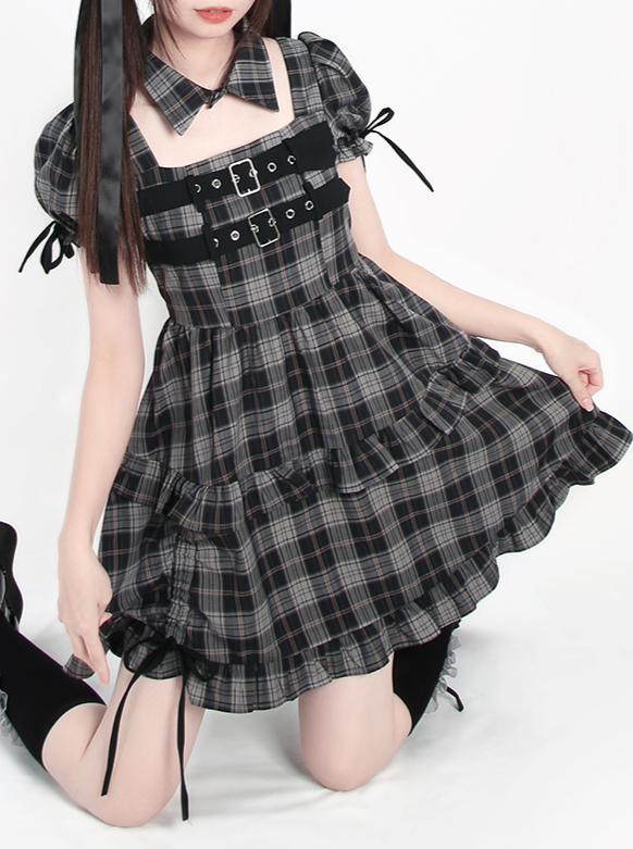 Mode Belt Check Puff Sleeve Dress