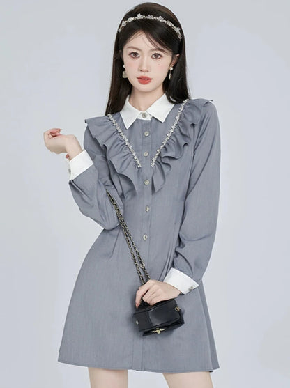 College Style Gray Diamond Ruffled Shirt Dress