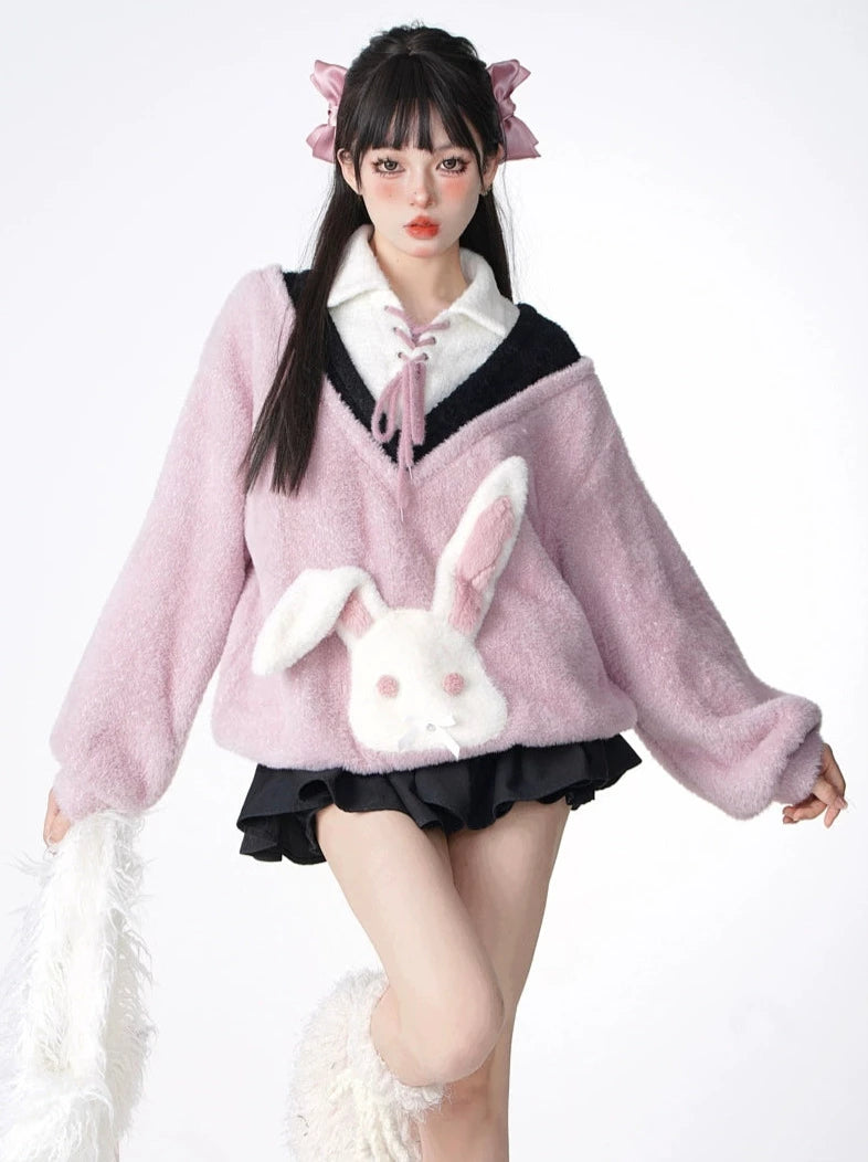 Rabbit Pink Polo Collar Faux Two Piece Loose Fur Sweatshirt Sweatshirt