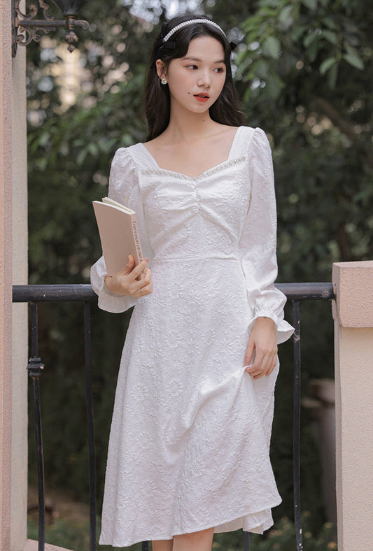 Pearl White Flower Jacquard Fairy Dress