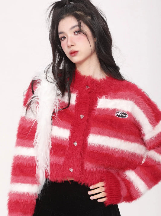 Hot Girl Style Red Stripe Short Fur Knit Cardigan