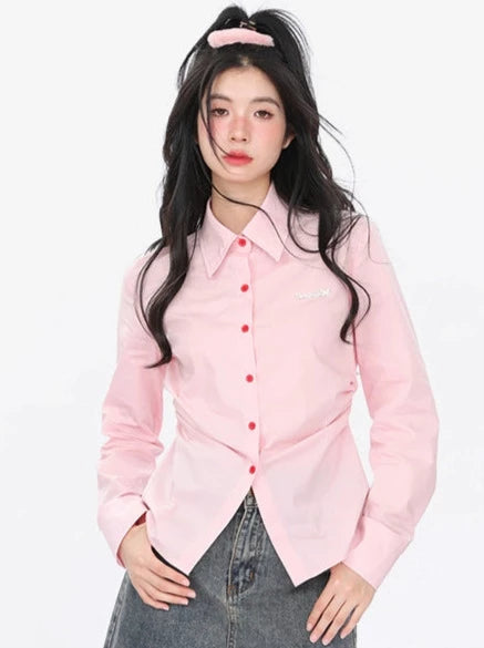 American College Style Red Button Waist Pleated Shirt