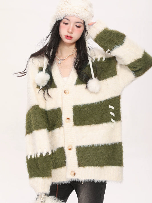 AONW national tide striped cardigan sweater female Korean version lazy style imitation mink hair contrast color soft waxy knitted sweater jacket