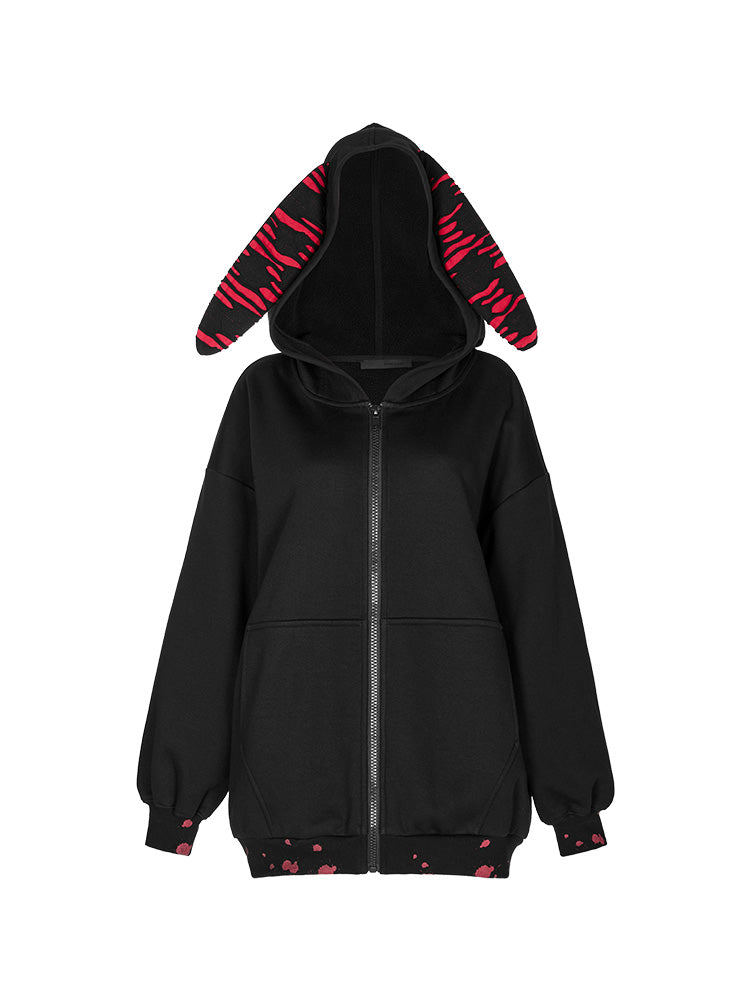 Dark Black Rabbit Hoody Zip Jacket