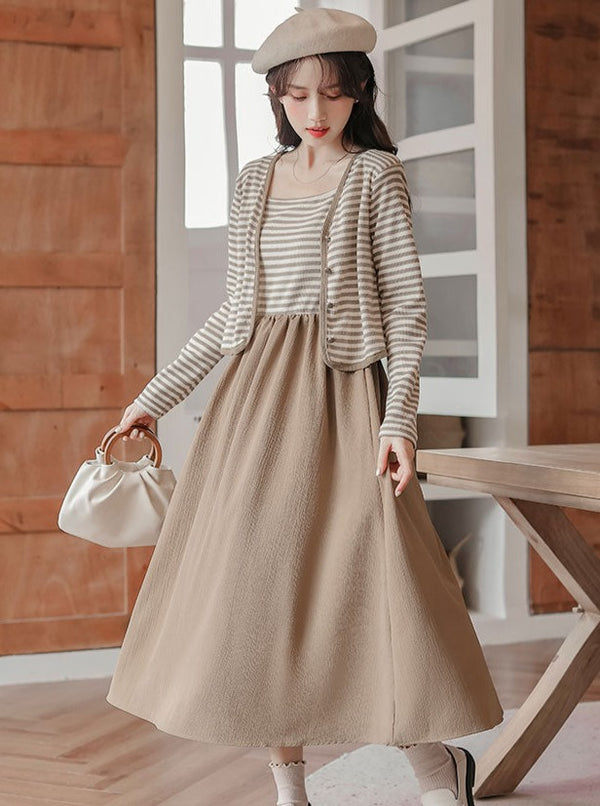 Striped knit cardigan strap dress