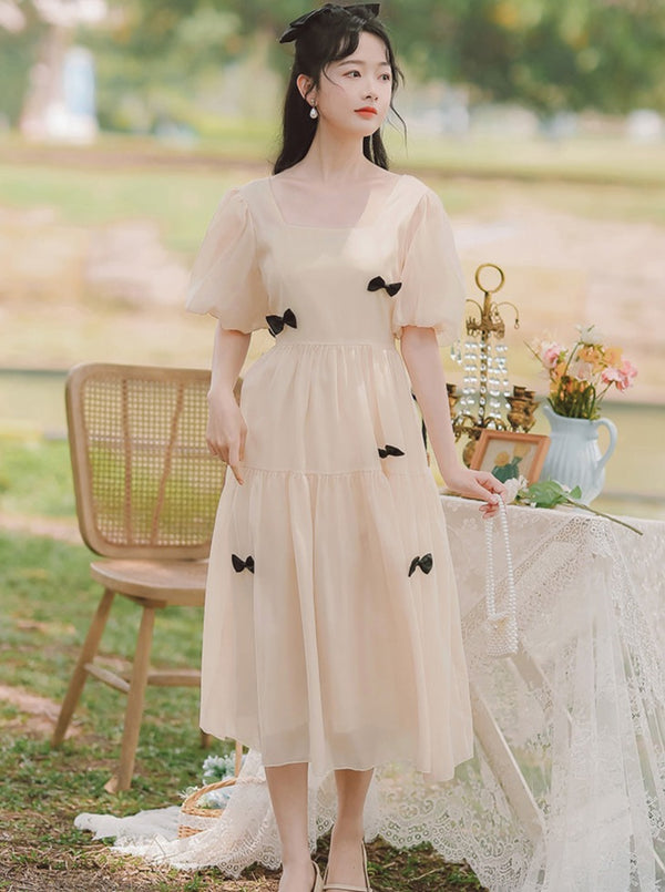 スクエアネックリボンフレアワンピース