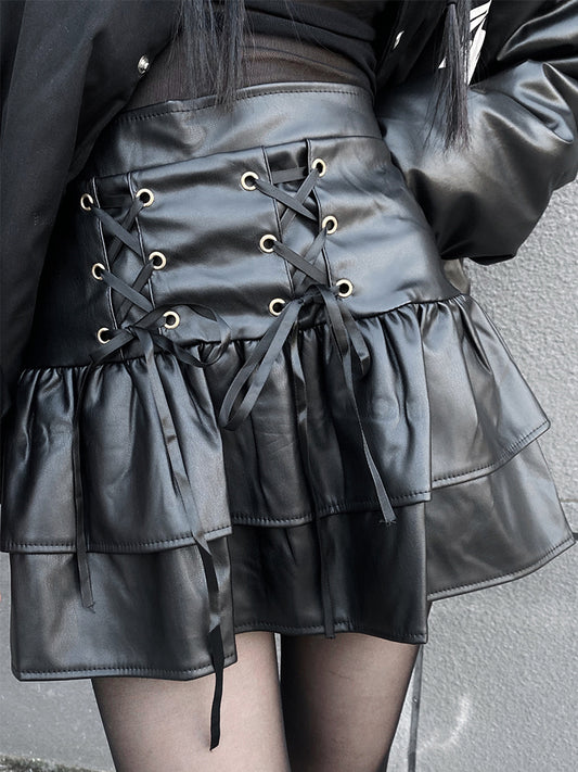lace-up leather tiered skirt