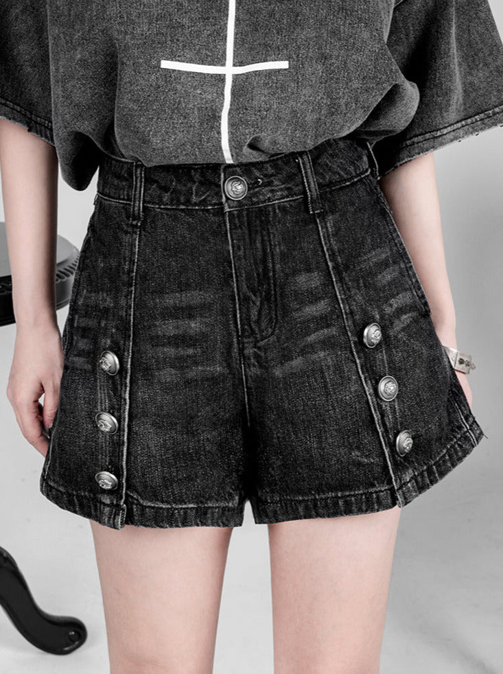 Military Buckle Metal Buttons Black Washed Denim Shorts