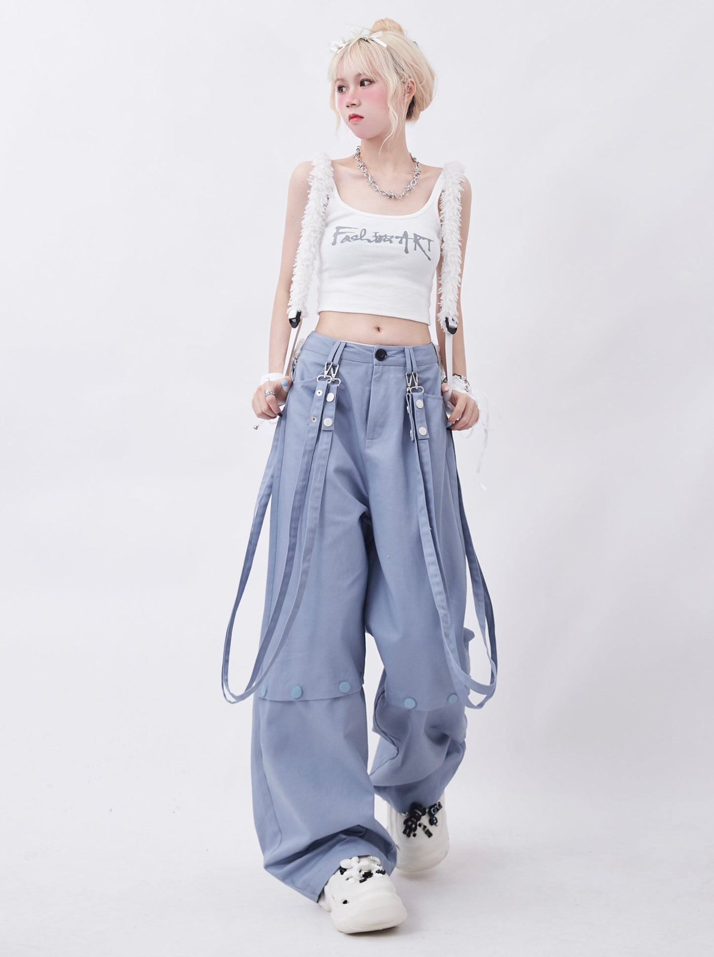 High Street Streamer Design Over -size Suspender Pants