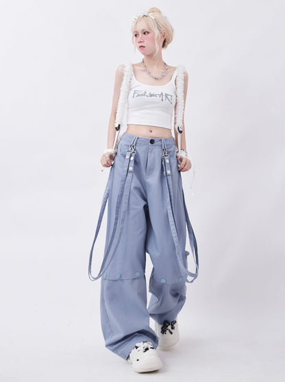 High Street Streamer Design Over -size Suspender Pants