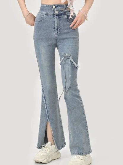 High Waist Slit Denim Flared Pants