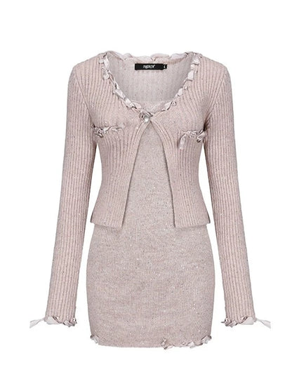 Pure Last Beaded Ribbed Knit Cardigan + Tight Camisole Dress