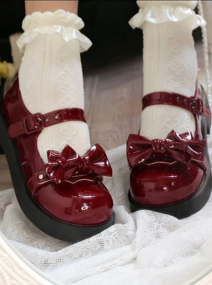 Lolita Sweet Round Toe Mid Heel Ribbon Mary Jane Shoes