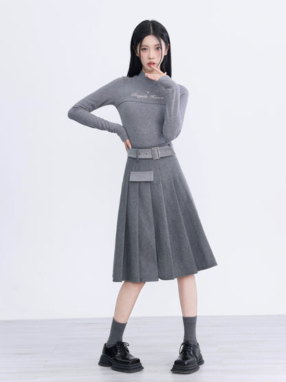 Retro Spliced Gray Pleated Skirt