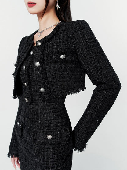 Mode Chic Short Tweed Jacket + Slit Long Tweed Dress