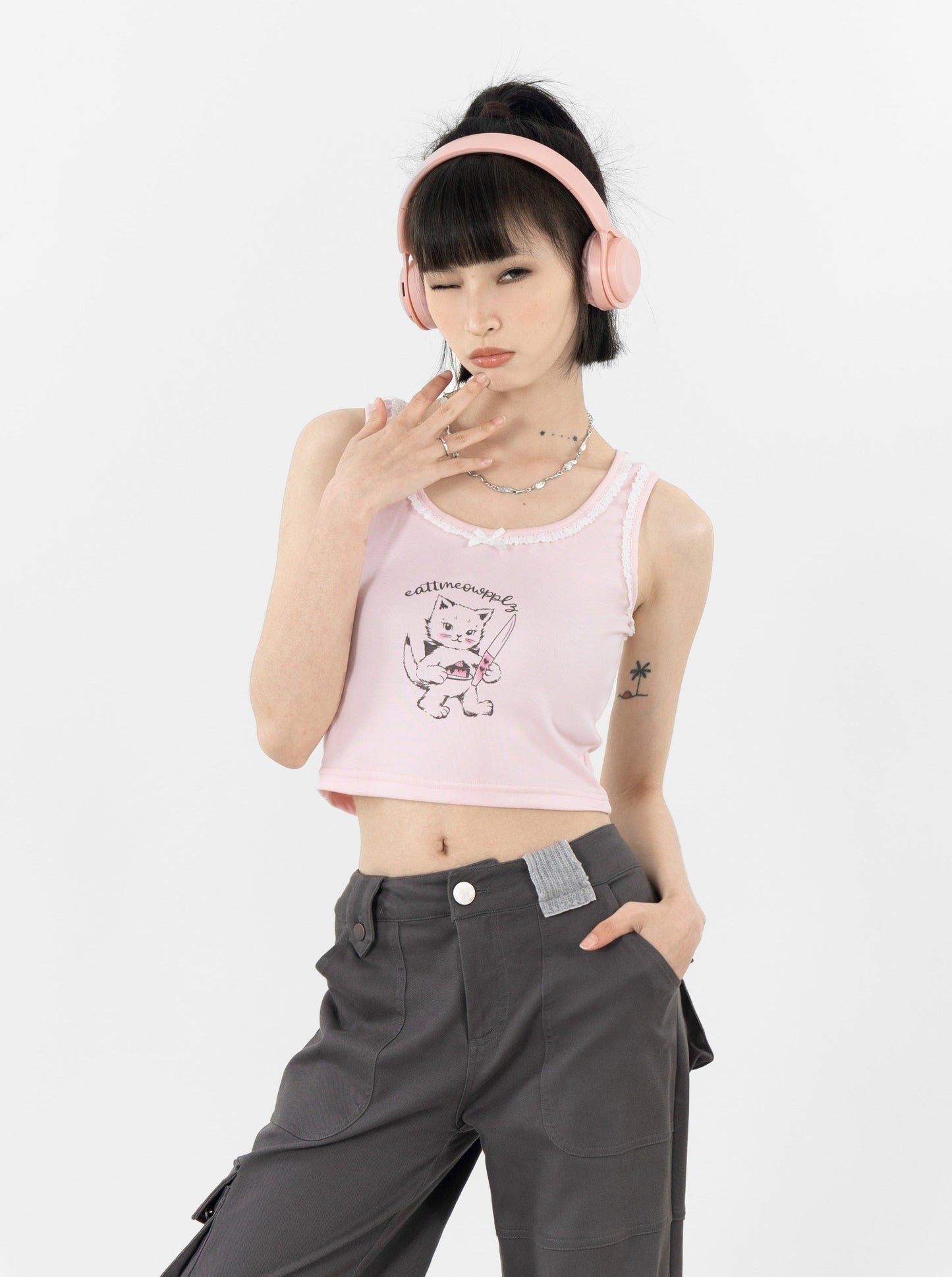 Pink lace cat illustration camisole