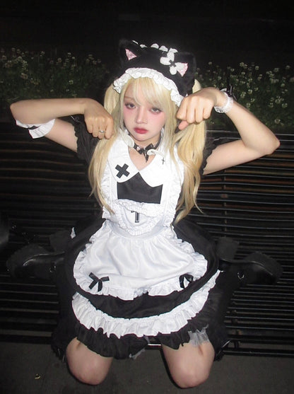 Doll Collar Cross Heart Lolita Maid Apron Tiered Dress