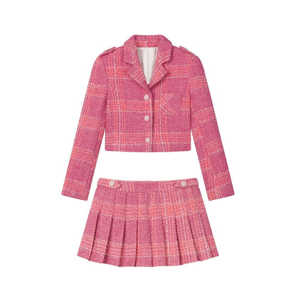 Bright Pink Style Pattern Lapel Short Top Low Waist Pleated Skirt Two Piece Suit