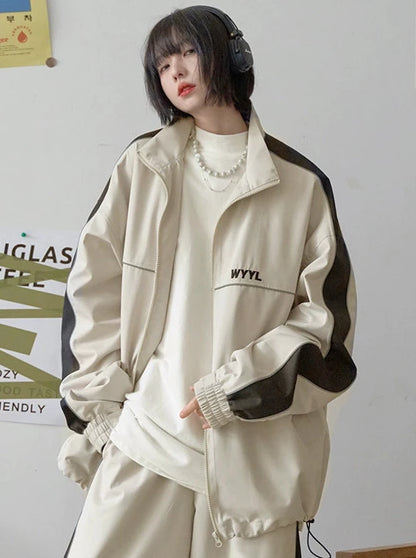 Loose Neutral Style Stitch Contrast Collar Jacket