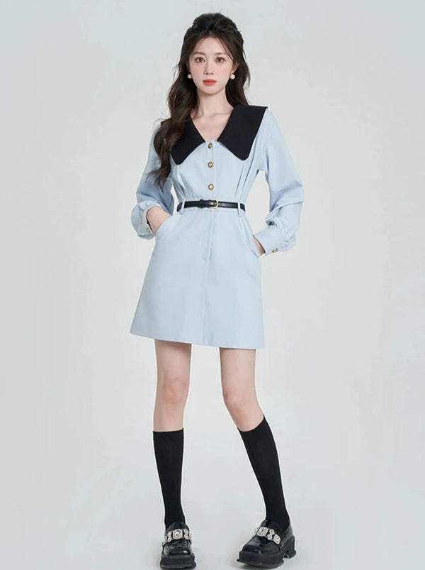 College Style Blue Classical V Collar Dress [Short/Long