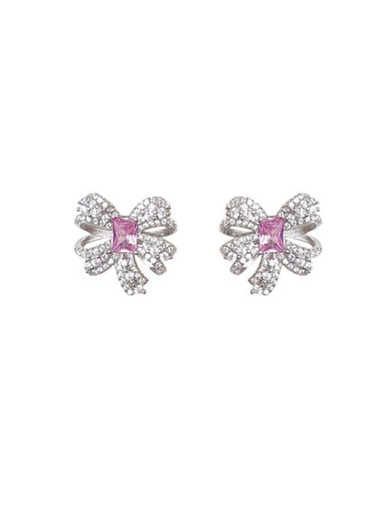 Silver Ribbon Pink Diamond Earrings